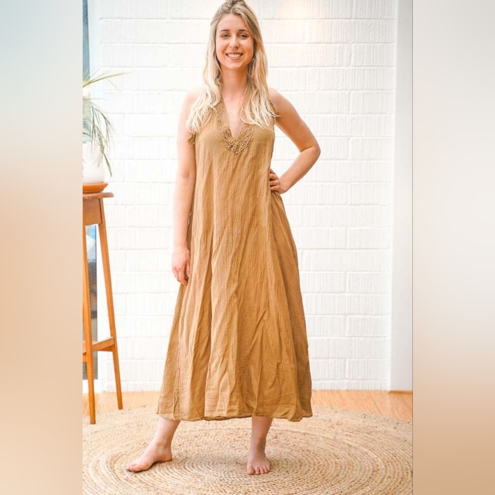 Bohemian Burn Orange Lace V Neck Open Back Lightweight Maxi Dress Size Large